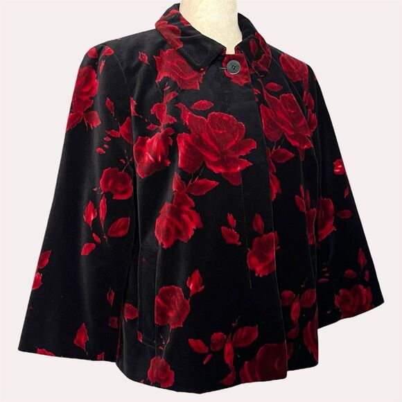 Talbots Black Red Roses Velvet Jacket Size 12P Romantic Holiday Dress Blazer NEW - Picture 1 of 11
